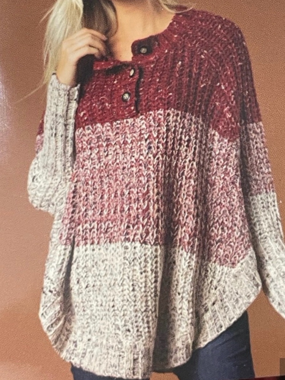 Simply Noelle Burgundy and Cream Colorblock Button-Neck Dolman Sleeve Sweater